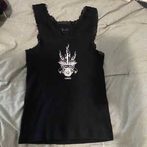 black lace graphic tank top